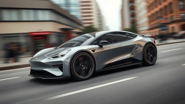 Tesla Cybertruck driving fast on city street with motion blur.