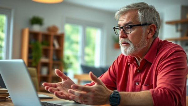 Middle-aged man discussing family tech policy at home, bright setting.