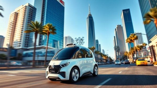 Futuristic robotaxi on a city street in a game setting.