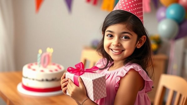 Young girl at a sensory-friendly party holding a gift, smiling brightly.