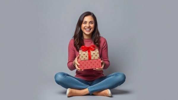Cheerful woman with gifts, Hallmark Holiday Series theme, festive attire.