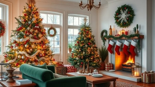Cozy Christmas home decor in living room with tree and fireplace.
