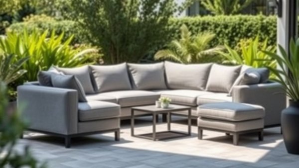 Stylish outdoor furniture setup with gray sectional sofa on patio.