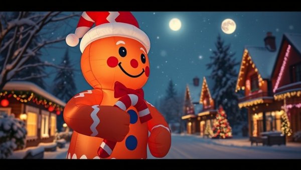 Festive gingerbread man inflatable in snowy Christmas setting.