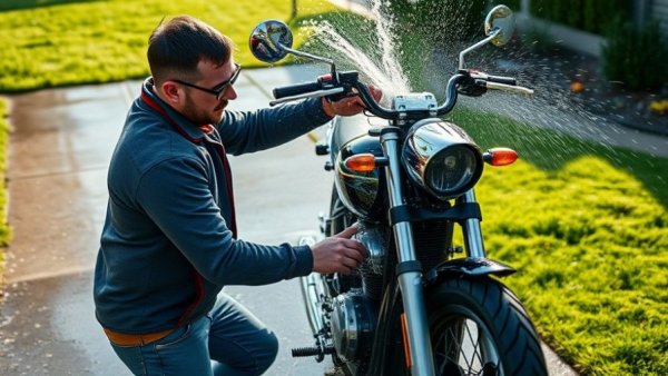 Man washing motorcycle, step in how to winterize a motorcycle.
