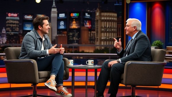 Talk show hosts in lively studio discuss parenting with ChatGPT