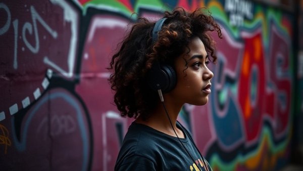 Teenage girl with headphones by graffiti wall, understanding teenage development.