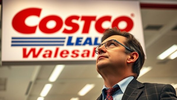 Corporate Costco sign with thoughtful executive, Costco suing Trump tariffs.