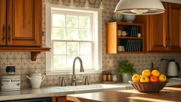 Charming southern kitchen with vintage fixtures and rustic wooden cabinets.
