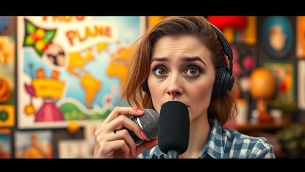 Curious woman podcasting with puzzling expression, vibrant background.