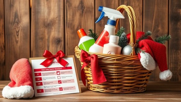 Christmas cleaning checklist 2025 with festive cleaning supplies.