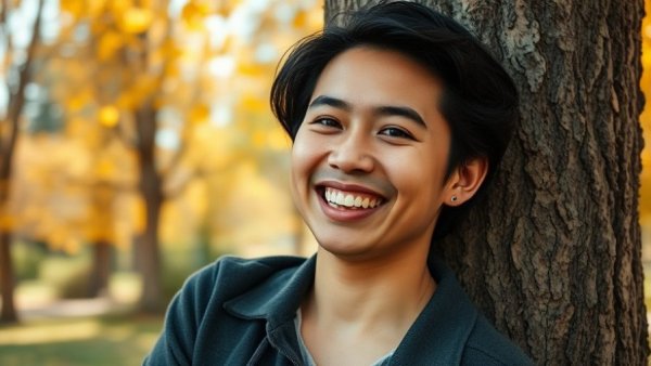 Milieu Manager smiling by tree in sunny park, teen rehabilitation.