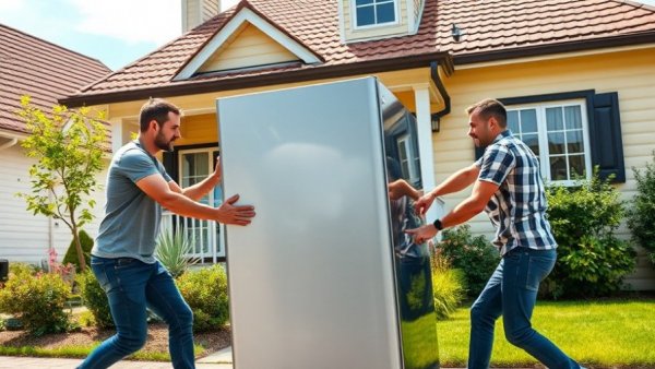 Men moving a fridge outside a suburban home for Fridge and Freezer Disposal.