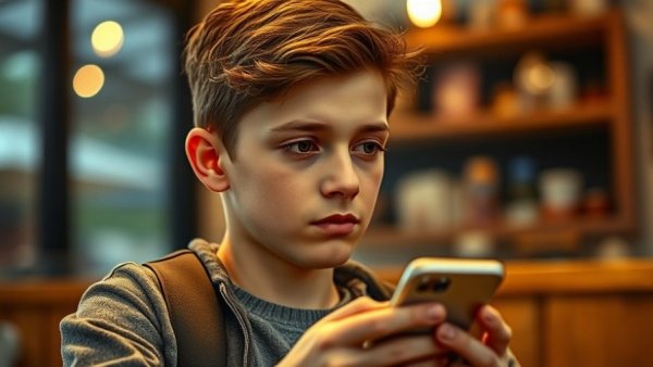 Thoughtful boy holding smartphone indoors, soft warm lighting.