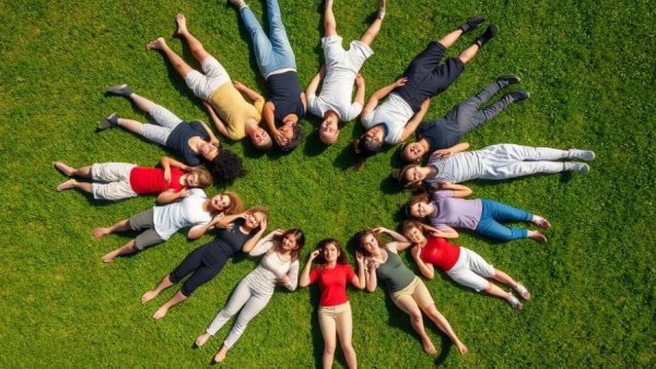 Mandated mindfulness in schools: group relaxing on grass.