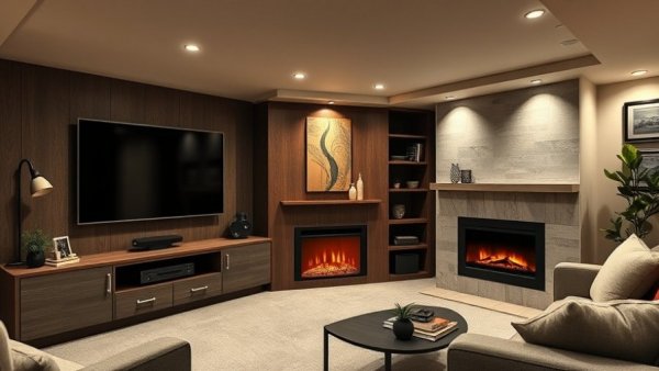 Modern basement remodeling with entertainment center in Northern Virginia