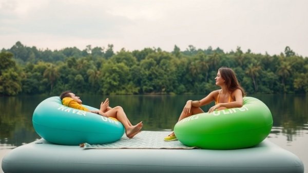 Relaxing on an inflatable dock with chairs and mat, enjoying a calm water background.