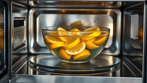 Cleaning microwave with lemon slices in water, method demonstration.