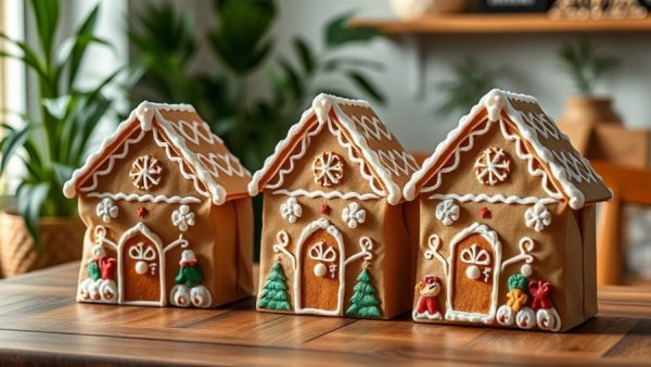 Charming DIY gingerbread house gift bags on wooden table.