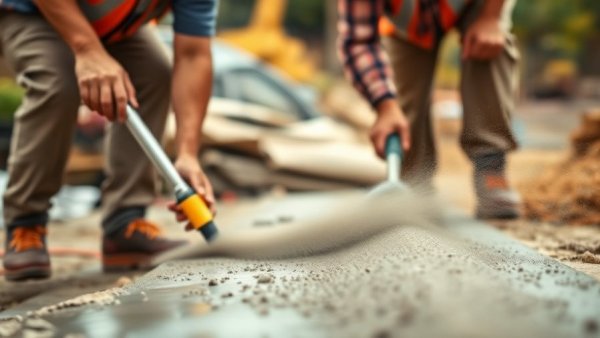 Construction workers smoothing concrete to ensure structural durability in all seasons.