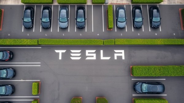 Aerial view of Tesla Robotaxi testing cars in a parking lot