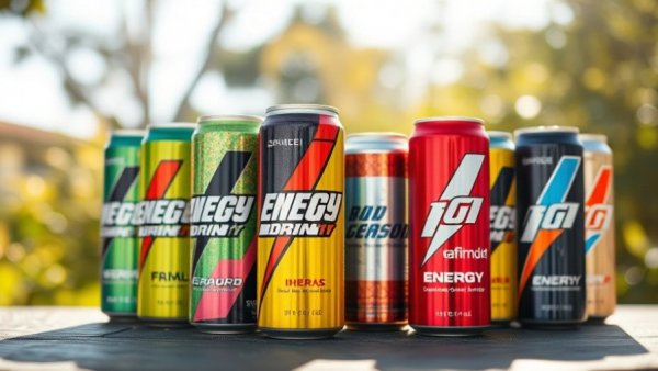Colorful energy drink cans outdoors highlighting risks.