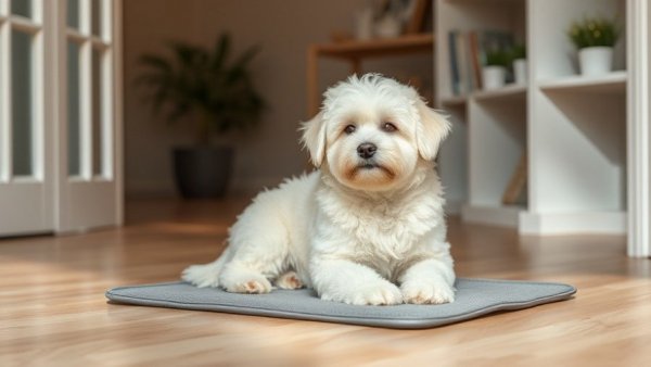 Fluffy dog on a gray reusable dog pee pad in a cozy room.