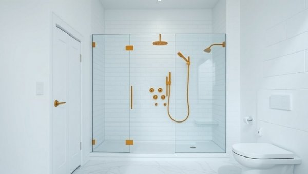 Elegant modern bathroom with gold fixtures and glass shower.