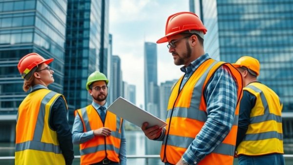 Construction workers in a commercial building survey near skyscrapers.