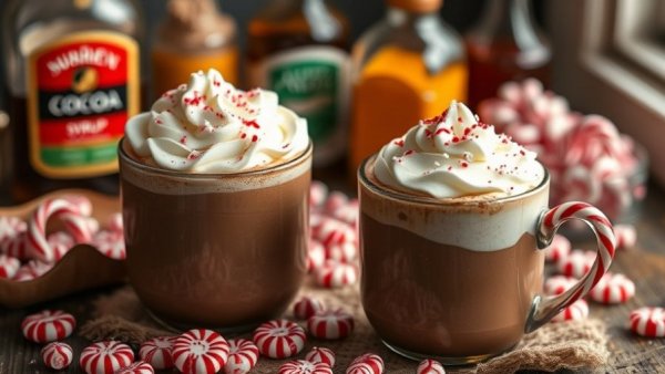 Two mugs of homemade peppermint mocha topped with whipped cream.
