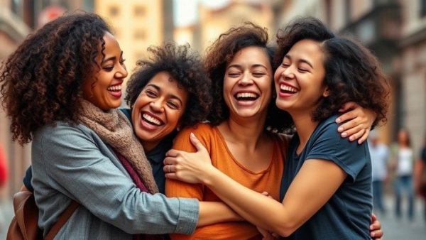 Family goals 2026: Three smiling females embracing joyfully outdoors.