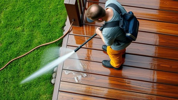 Professional pressure washing on St. Simons Island, restoring a wooden deck.