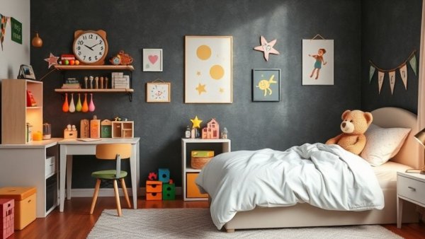 Cozy kids' room with creative painting ideas and playful decor.