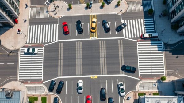 Aerial view of city intersection with heavy traffic and crosswalks.