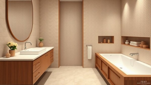 Modern bathroom with wooden vanity and bathtub highlighting features that lower home value.