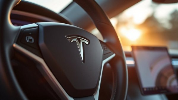 Tesla steering wheel close-up, sleek design, warm sunlight