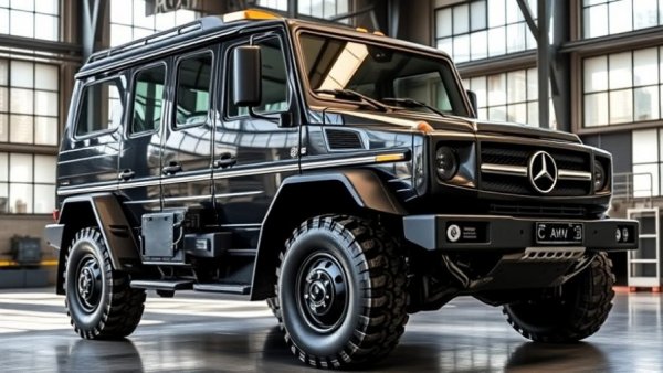 Luxury Unimog in a sleek showroom, photorealistic design