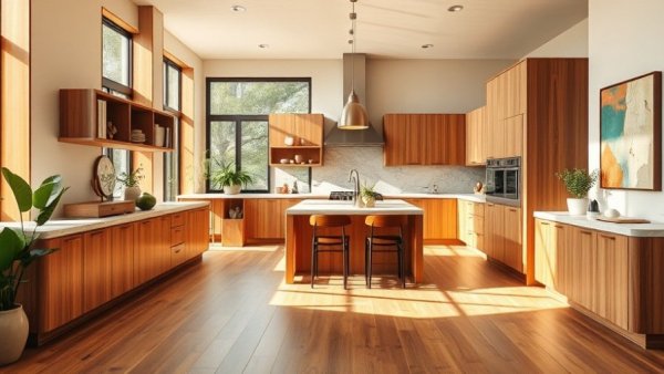 Modern kitchen showcasing design elements with warm natural lighting.