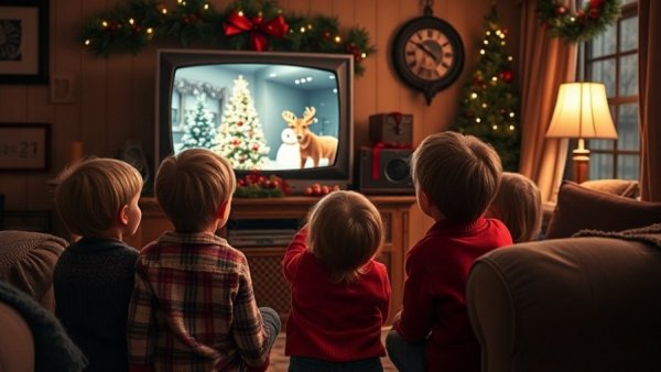 Children watching classic Christmas TV special on vintage television.