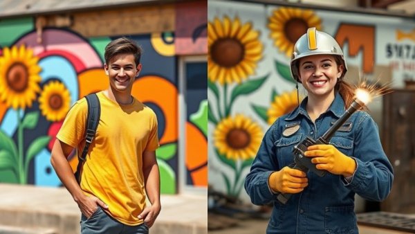 Auto repair scholarship recipients, vibrant outdoor and industrial scenes.
