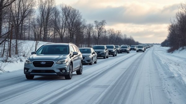 Snowy winter road with cars, a scene of holiday road trips.