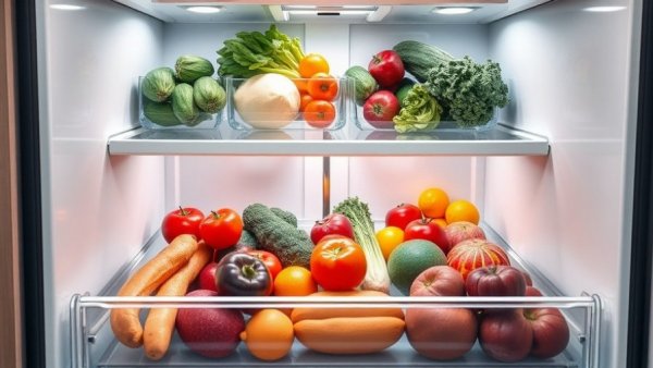 Pristine refrigerator crisper drawer with fresh produce and jars.