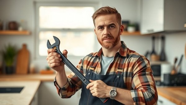 Professional handyman solving common property problems, equipped with tools.