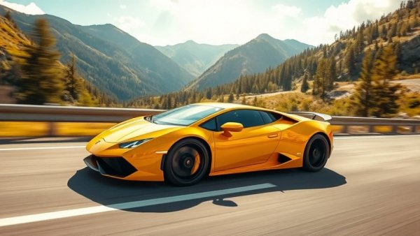 Speeding yellow sports car on highway in scenic mountains