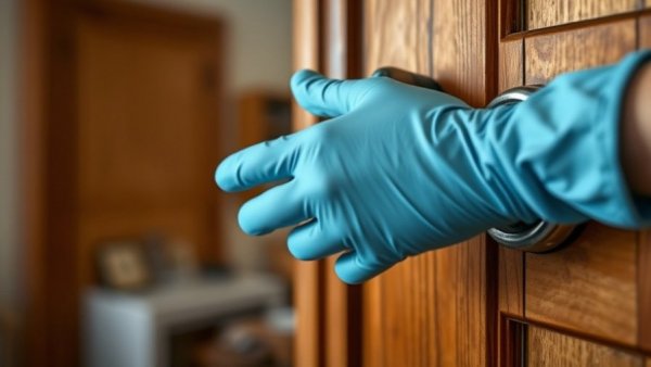 Gloved hand cleaning door handle focusing on hygiene, photorealistic.