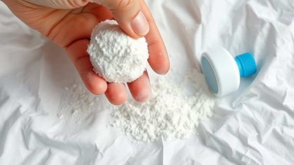 Close-up of baby powder on hand with bottle, showcasing uses of baby powder around the house.