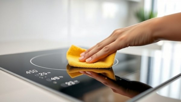 Hand cleaning induction cooktop with a yellow cloth in a bright kitchen.