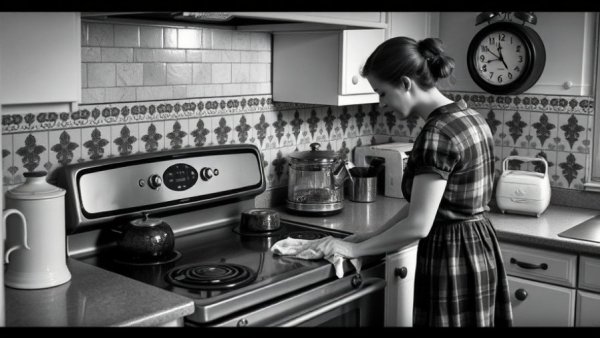 Vintage cleaning scene with old-school methods in a retro kitchen.