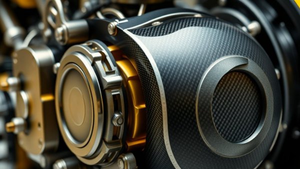 Close-up of power-dense electric motor with carbon fiber texture.