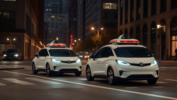 Waymo autonomous vehicles stranded on dark city street at night.